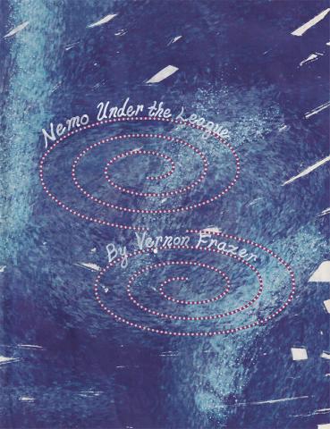 Book cover for "Nemo Under the League" by Vernon Frazer. Deep blue and white oceanlike background with white dots in two spirals and the author's name in white script font.