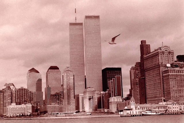 Sepia toned photograph of skyscrapers and a seagull at the NYC skyline.