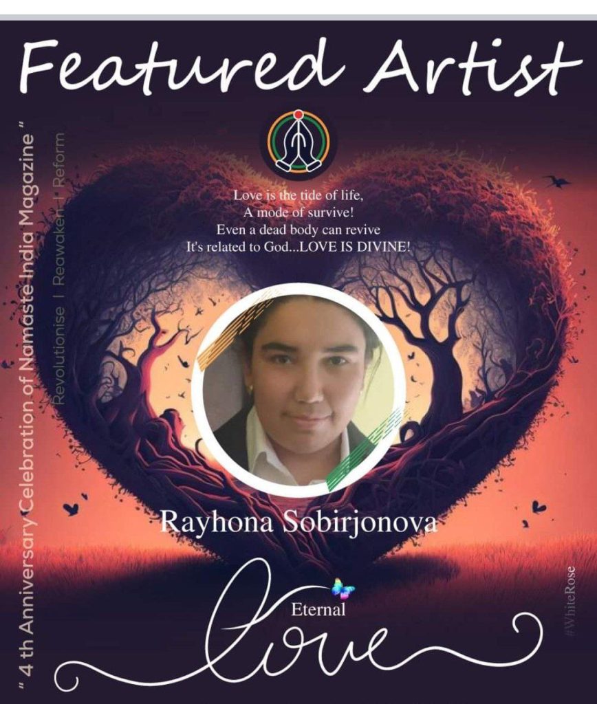 Icon of writer Sobirjonova Rayhona's photo with a heart made from interlocking trees and branches. Text in white says Love is the tide of life, a mode of survive! Even a dead body can revive. It's related to God...LOVE IS DIVINE! Text is in white, cursive at the bottom says "Eternal Love." 