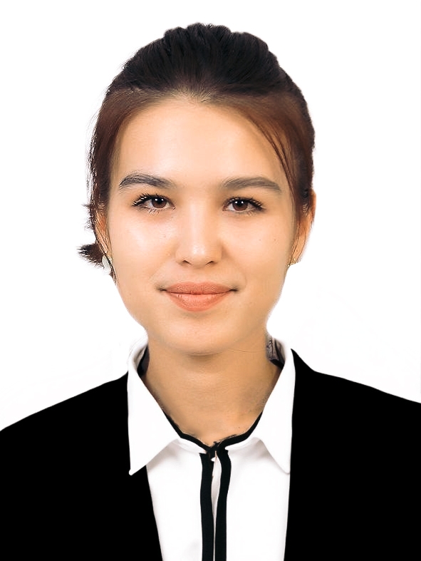 Young Central Asian woman with short dark hair and brown eyes. Headshot, white collared shirt and black coat.