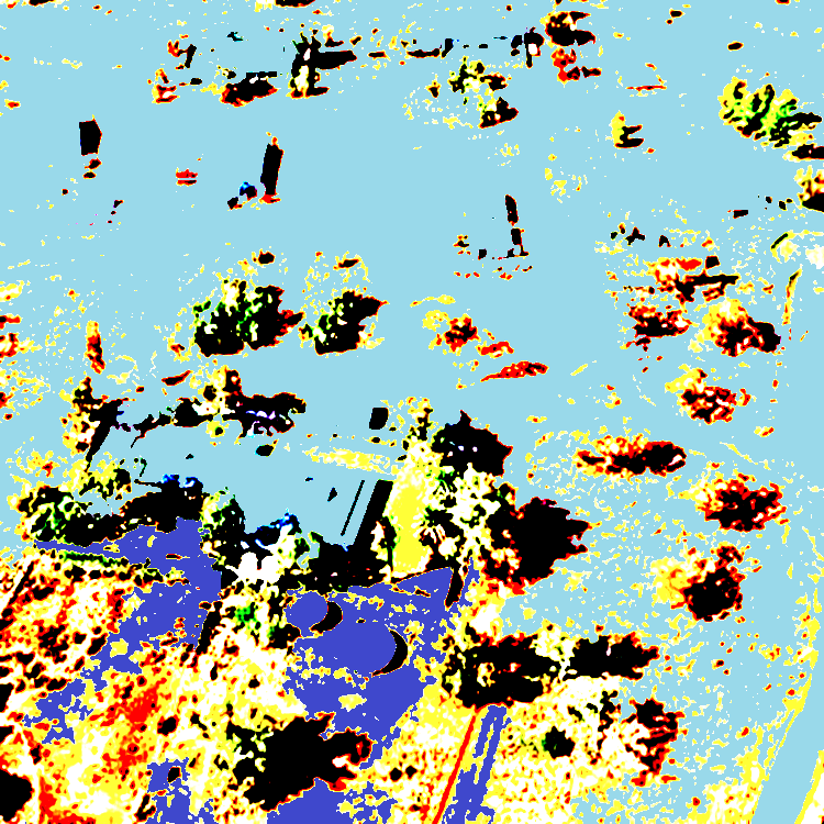 Light blue with islands of black and red and some yellow.