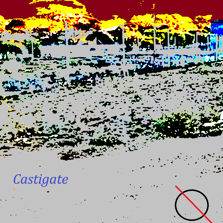 Scene with trees and red and yellow and gray. Word in blue in the lower left reads Castigate