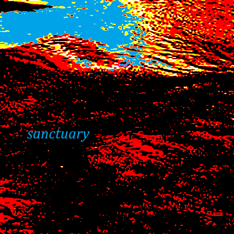Red and black landscape that looks like trees and land, blue text reads 'sanctuary'