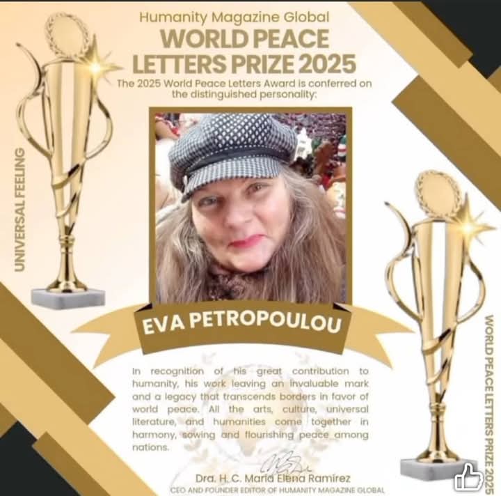 Middle aged European woman in a black and white checkered cap, with light brown dark hair. Text surrounding her is in gold and frames her with awards and "World Peace Letters Prize 2025."