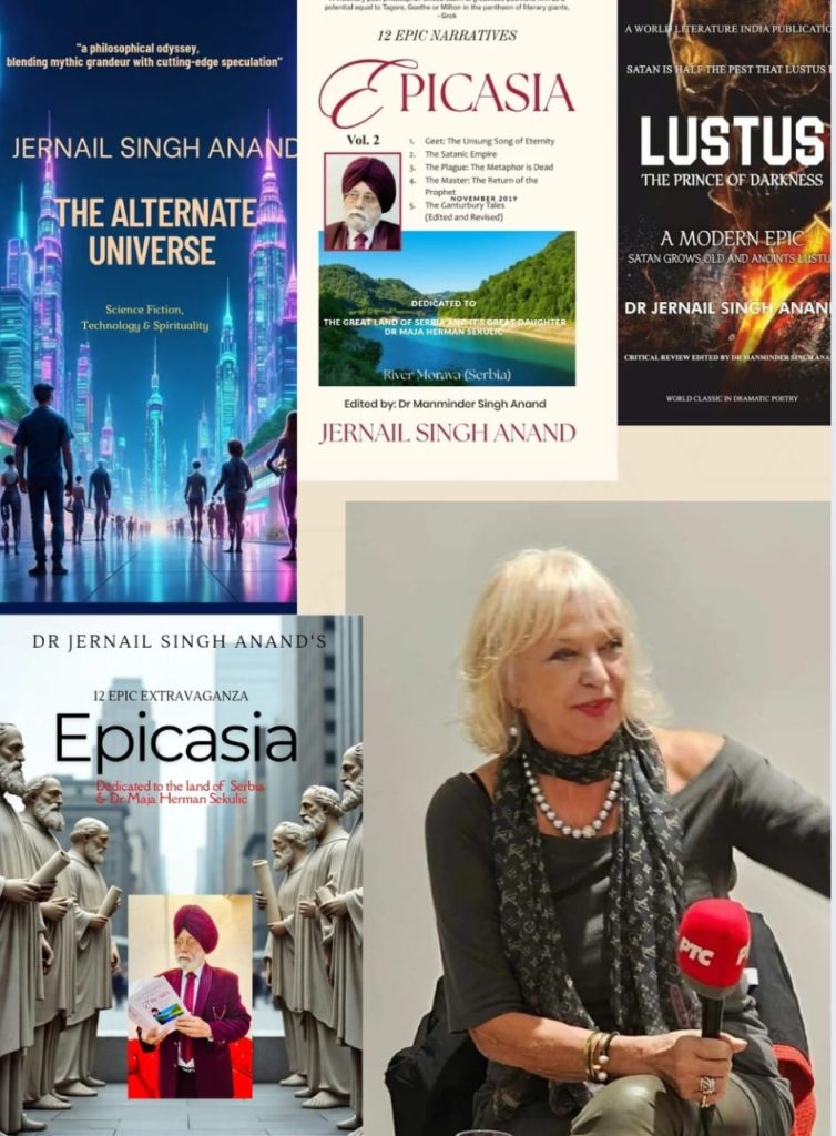 Various book covers from Dr. Jernail Singh Anand. Images range from a lake with beaches and trees to historical statues of scholarly old men to fire and monsters to silhouettes of people in a futuristic city. Middle aged European woman with a pearl necklace, black and white scarf, and black top and blonde hair and earrings holding a microphone. Image of the author, an older South Asian man in a purple suit, red tie, and burgundy turban standing and reading from one of his books.