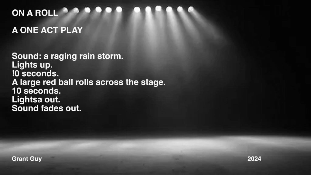 Theater lit by small white lights in a row. Text resembles a play script, includes rain sounds and a red ball rolling across the stage. 