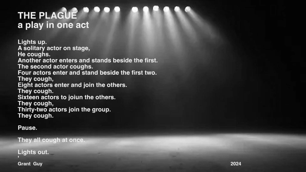 Stage lights illuminate a mostly still dark stage. White text resembles a script where actors simply cough. 