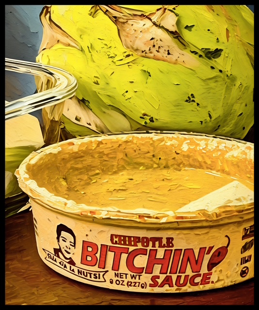 Painting of Chipotle "Bitchin' Sauce" opened next to a glass bowl and a green head of cabbage.
