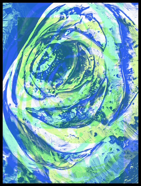Painting of green kohlrabi on a blue background.