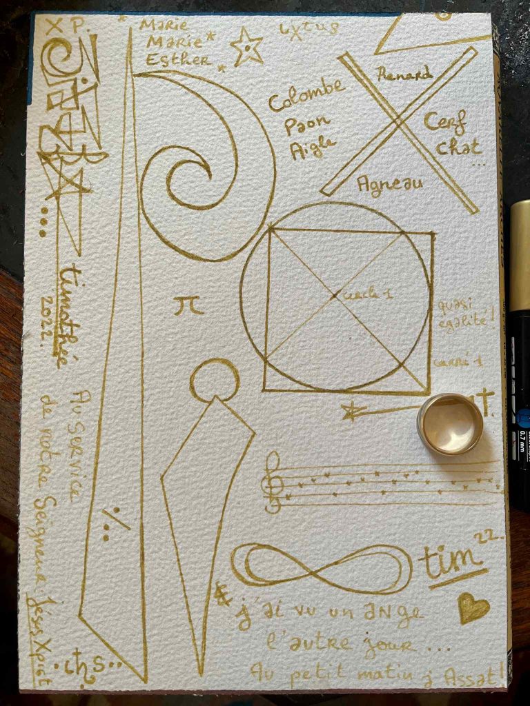 Drawings in gold ink of musical notes, spirals, circles and squares on art paper.