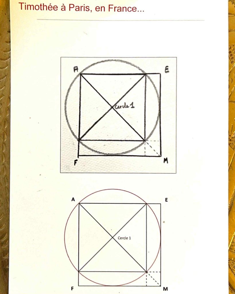 Image of geometric drawings of diagonal lines and squares inside circles.