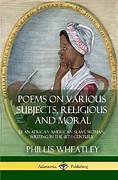 Image of Phillis Wheatley's poetry collection. Cover is a yellow circle enclosing a drawing of a seated young Black woman with a cap on her head and a pen in her hand.