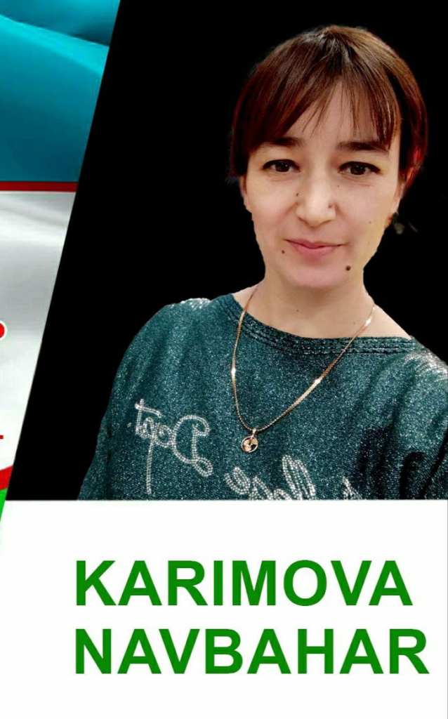 Young Central Asian woman with straight dark hair up in a bun. She's got a mall necklace and a sparkly green tee shirt. 