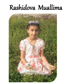 Young Central Asian girl in a pink floral dress with long straight dark hair and an embroidered headdress seated in a green field.