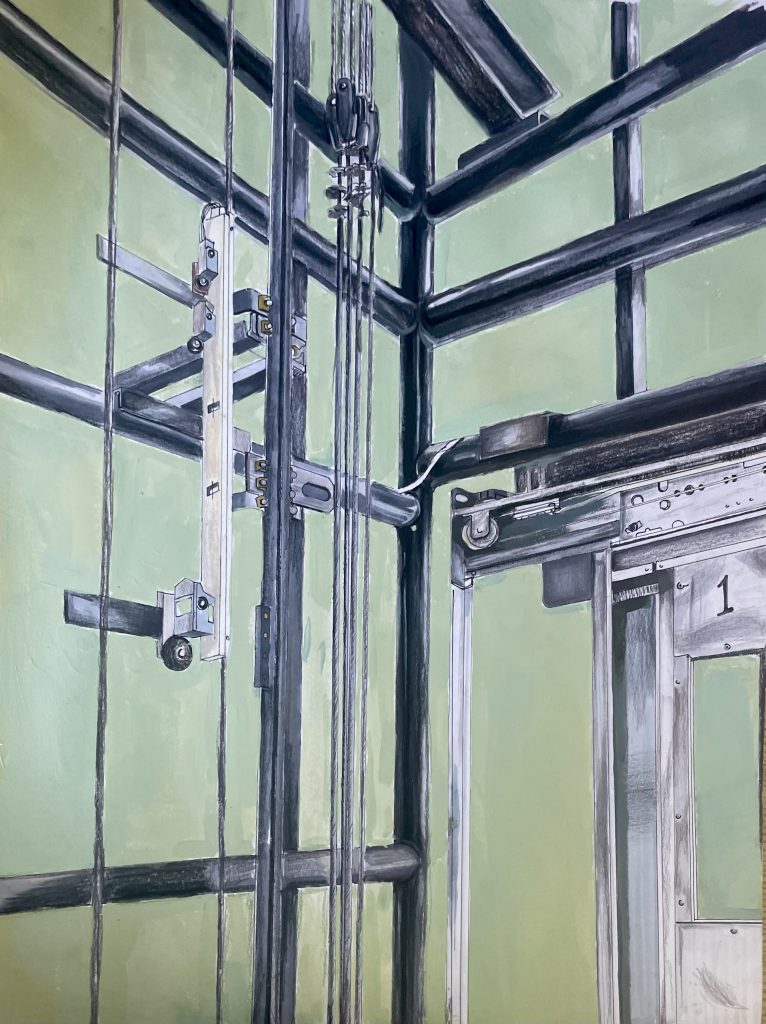Metal ladders and scaffolding on a light green background. 