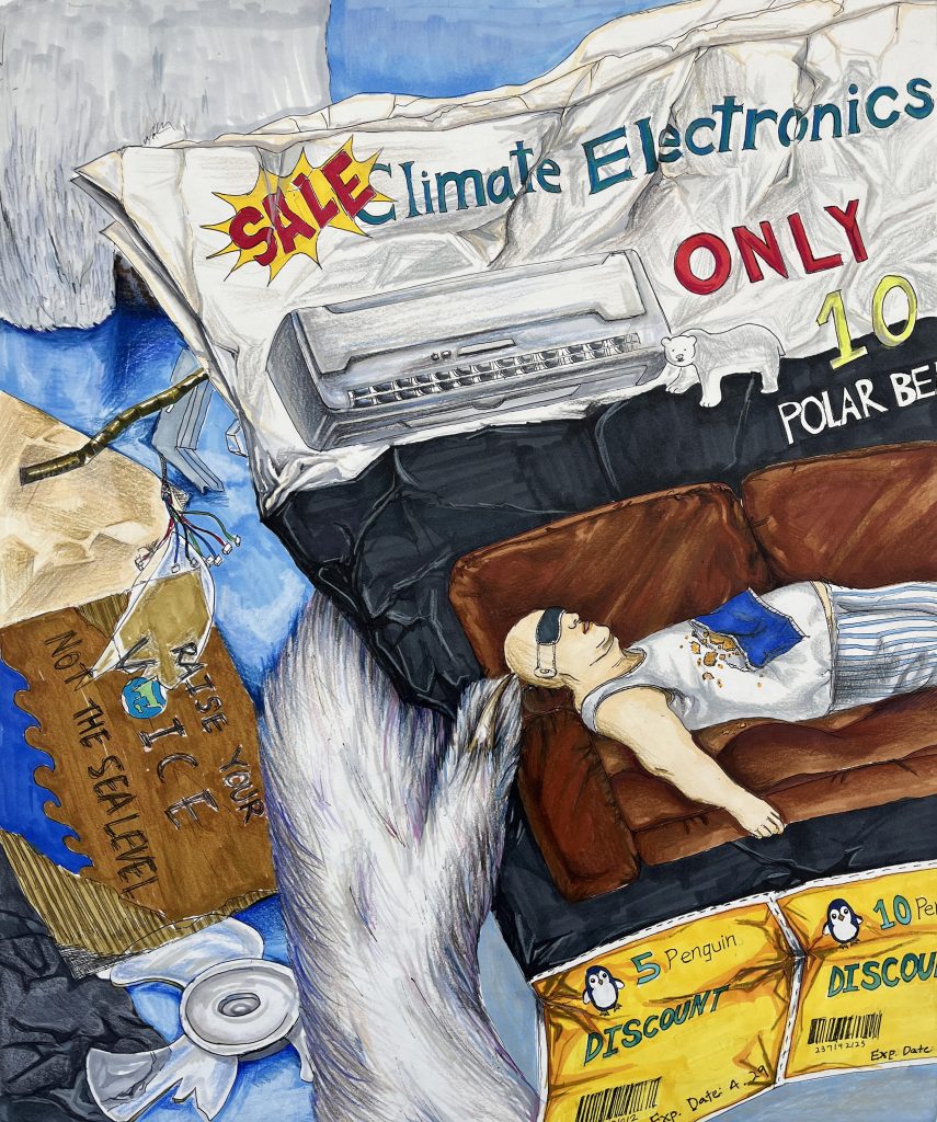 Person sleeping on a couch with a sign behind them for "Climate Electronics, only 10 Polar Bears." Birds and fish nearby, a cardboard sign reads 'Raise Your Voice, not the Sea Level."