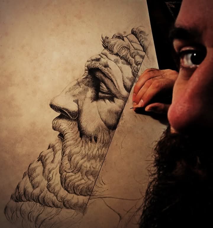 Artist Konstantinos Fais peering out over a pencil drawing he's doing of a statue of bearded Hercules.