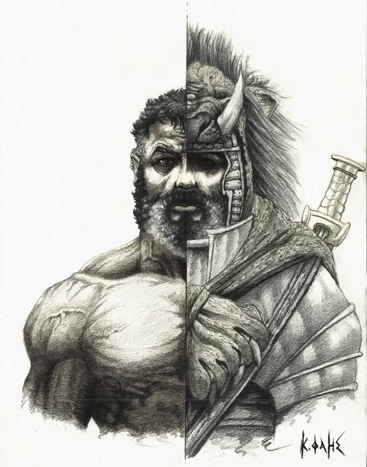 Pencil drawing of Hercules, half naked and half with his horned helmet and sword.