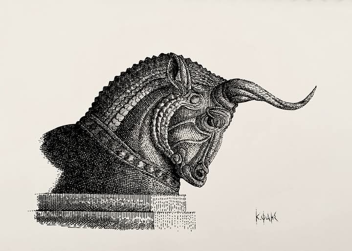 Pencil drawing of a statue of a horse's head with a horn.