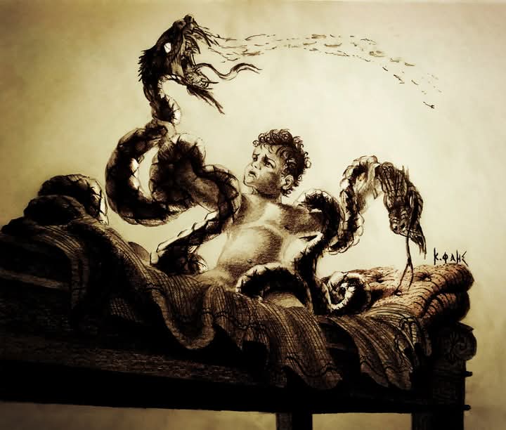 Image of a baby with curly hair holding snakes atop a bed.