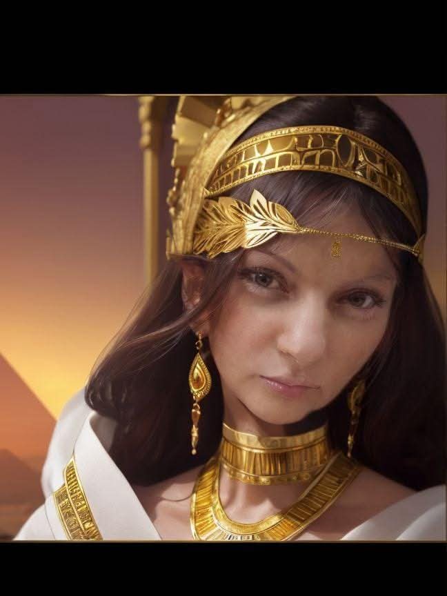 Young European woman in a gold Greek style headdress and a white dress.