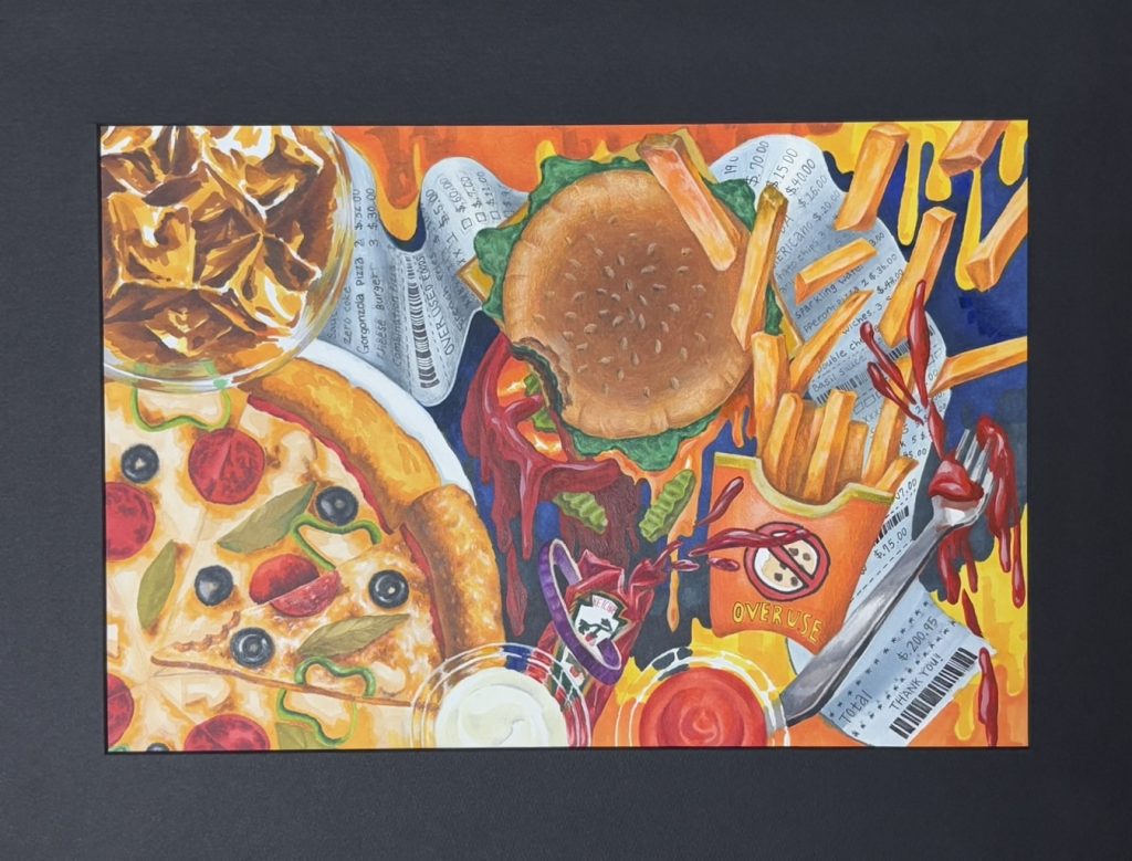 Fast food - pizza, burgers, fries, condiments - and iced tea and a receipt. 
