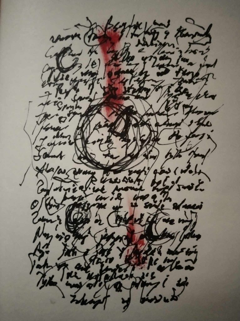 Unreadable script in black ink on gray paper with a variety of flourishes and red marker stripe.