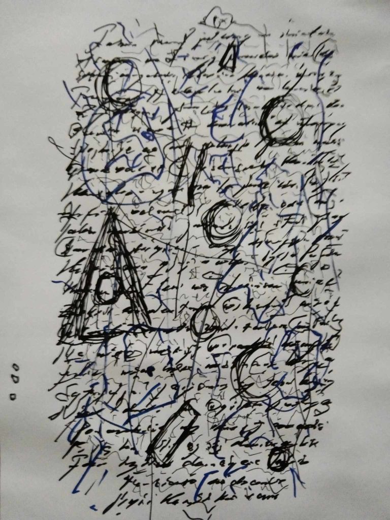 Unreadable script in black ink on gray paper with a variety of flourishes and blue marks.