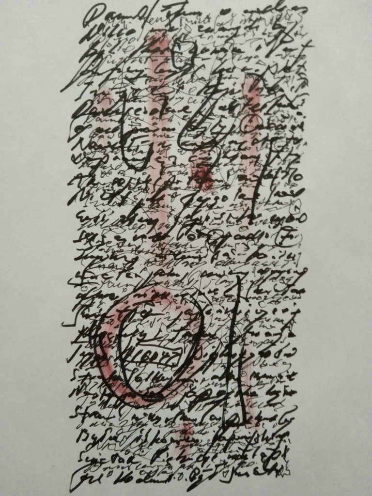 Unreadable script in black ink on gray paper with a variety of flourishes and light red dashes.