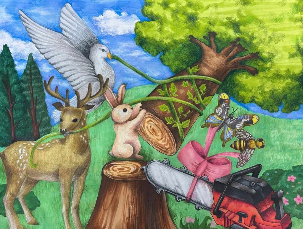 Deer, swans, bees, butterflies, and a cute rabbit join together to heal a tree after a chainsaw cuts it down. 