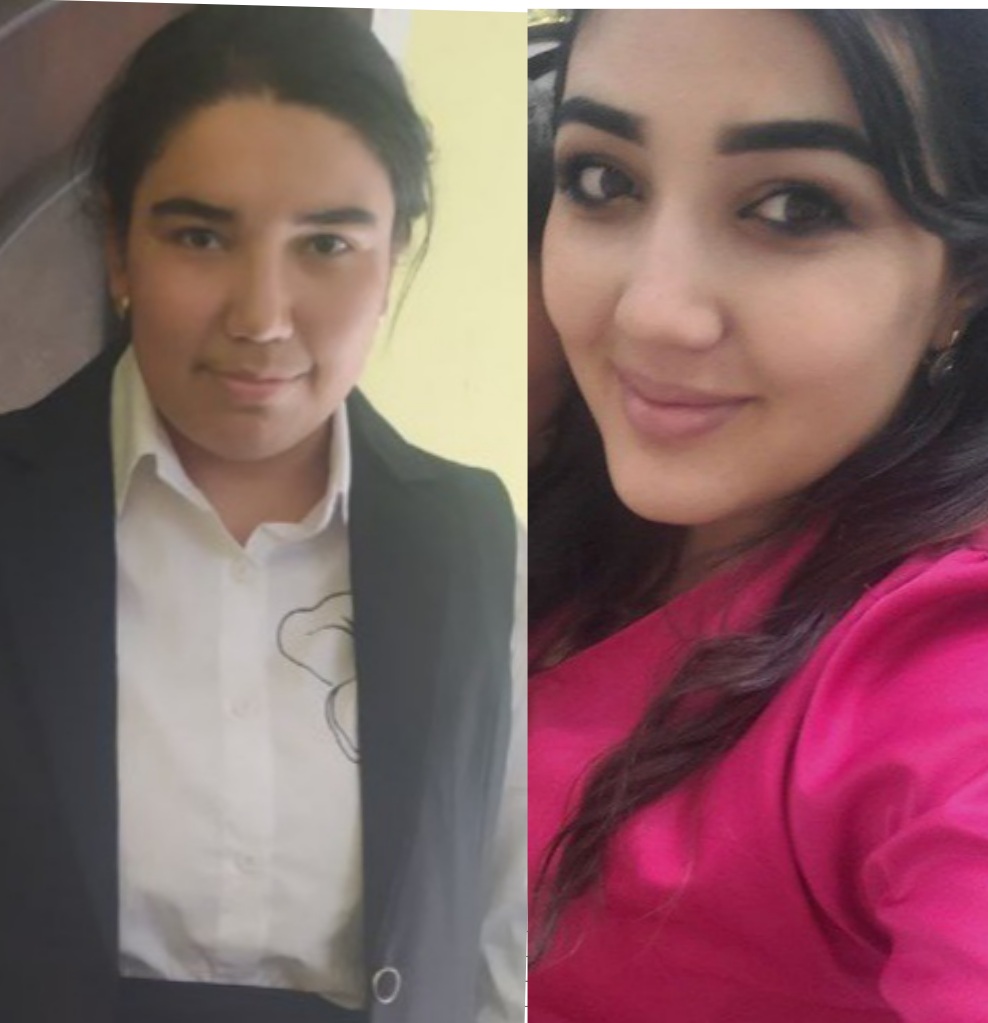Two Central Asian young women, both with long dark hair and brown eyes. The one on the left looks serious and has a black coat over a white blouse. The one on the right is smiling and is in a pink top.