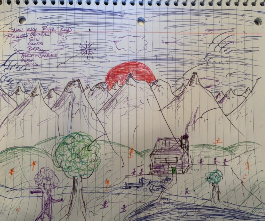 Sketch with pens on lined paper of a sun rise over mountains with trees and a house.