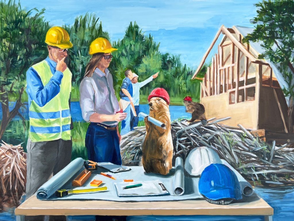 Construction workers in vests and yellow hard hats talk with beavers about building dams and homes. 
