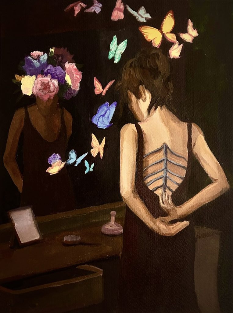 Dark skinned person and light skinned person face each other, both are in tank tops and colorful butterflies surround them. 