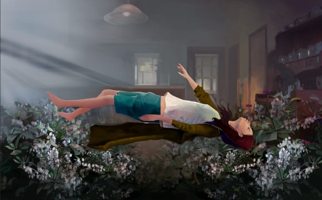 Person floats dreamlike in a room with sunlight streaming in from the left and fern fronds beneath her. 