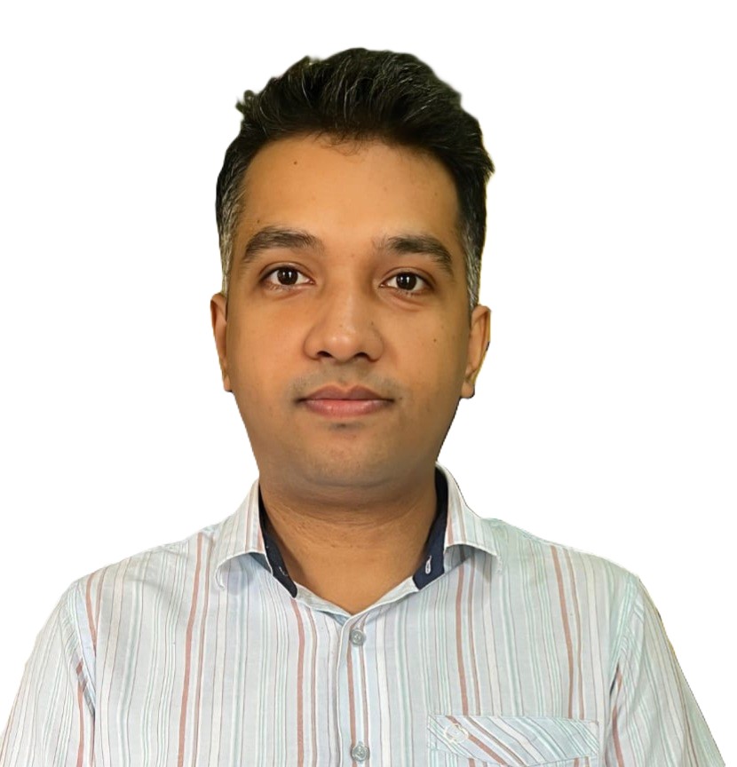 Young South Asian man with short dark hair and a white and brown and green striped shirt.