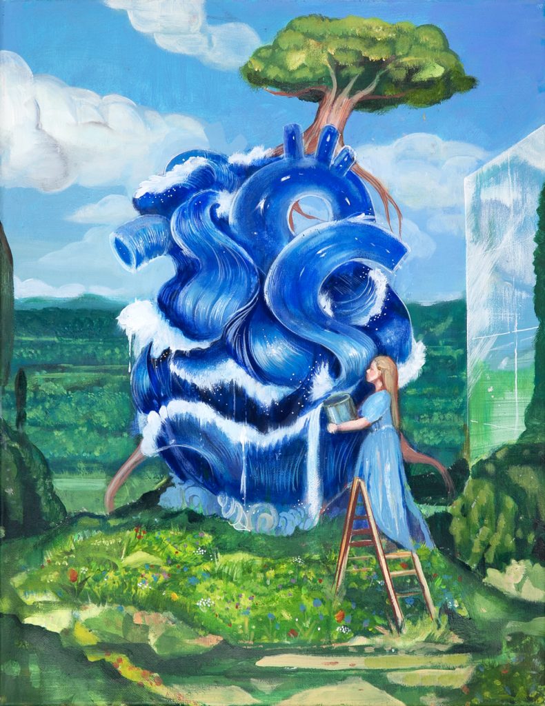 Woman in a blue dress holds a bucket on a ladder in a lush landscape with trees and grass and clouds and blue sky and a bunch of twisting blue paint. 