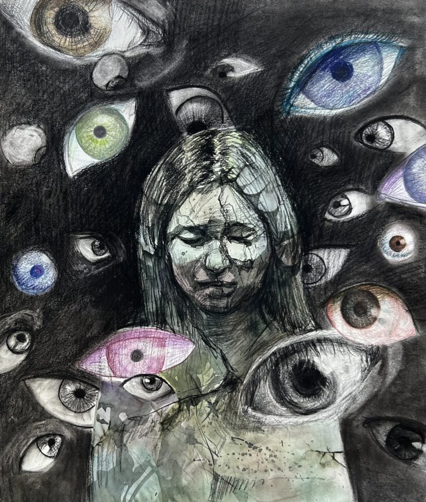 Statue like drawing of a girl with her eyes closed, surrounded by floating open eyes. 