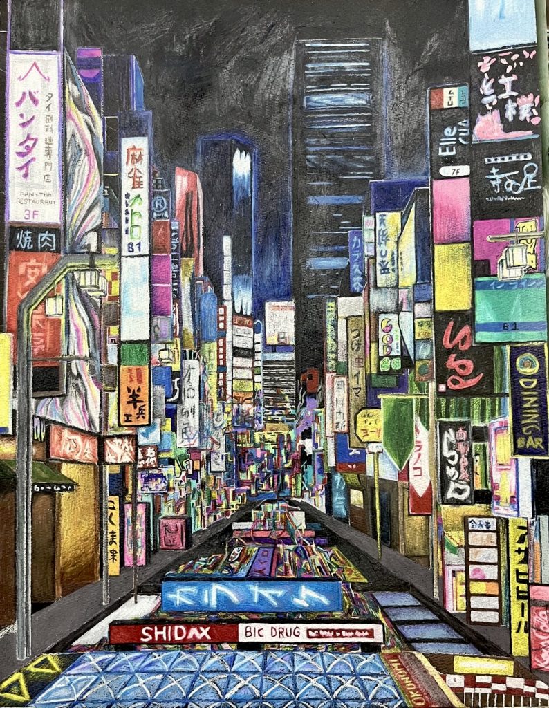 Pencil drawing of an Asian city scape at night. Lots of illuminated signs but no people. 