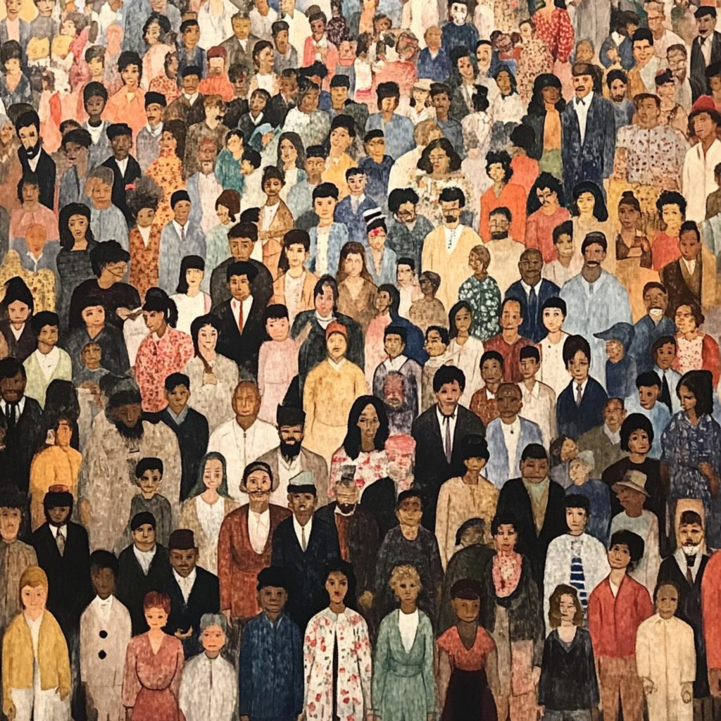 Flat, mosaic like image of a crowd of diverse people, men and women, different races and ages, all dressed pretty warmly in suits, coats, dresses. 