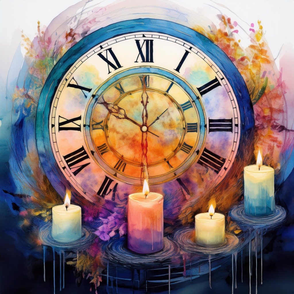 Stylized blue and white and pink image of an analog clock with lit candles at its base. 
