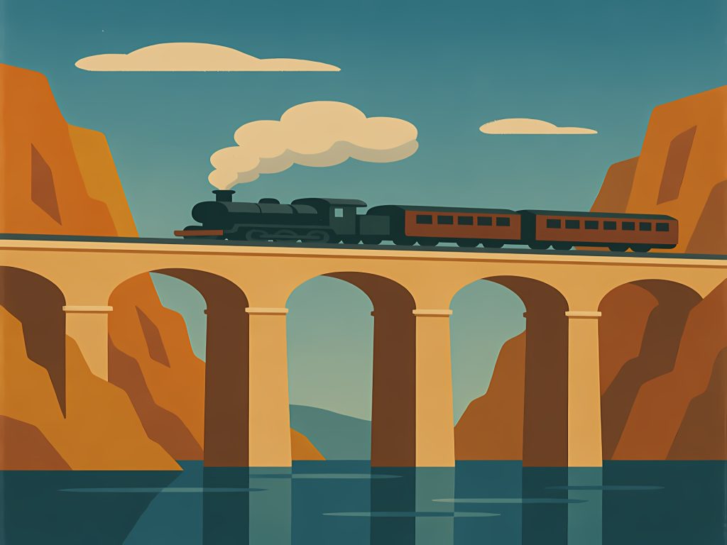 Stylized old fashioned postcard photo of a steam train crossing a bridge over a river between two rocky mountains.