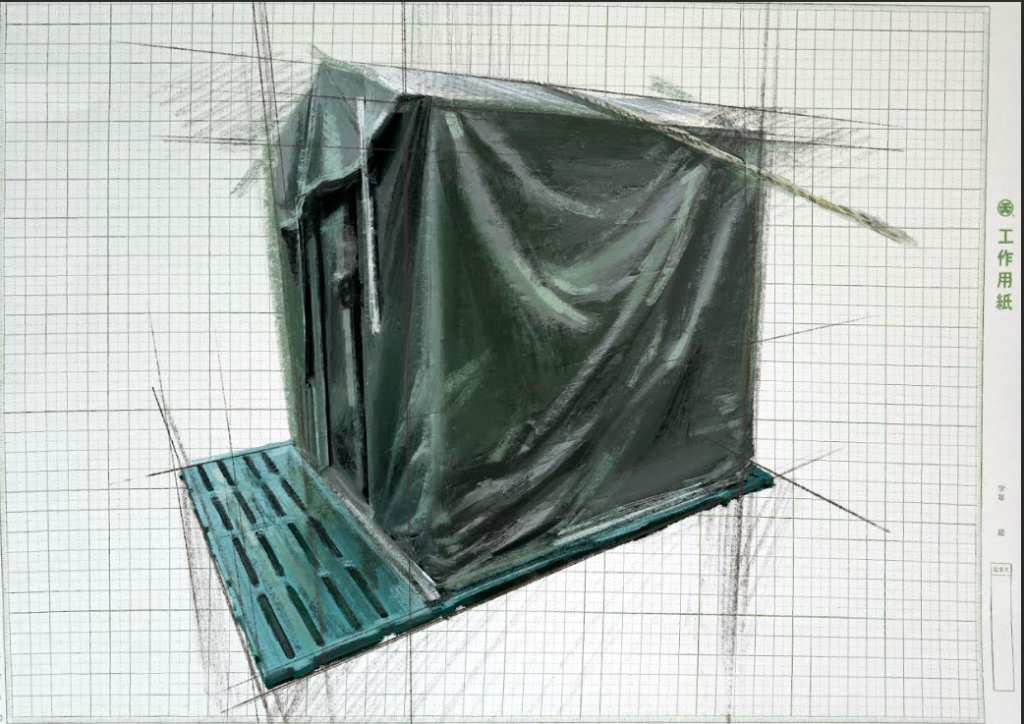 Green and gray cloth tent on a wooden pallet. Grid lines in background. 