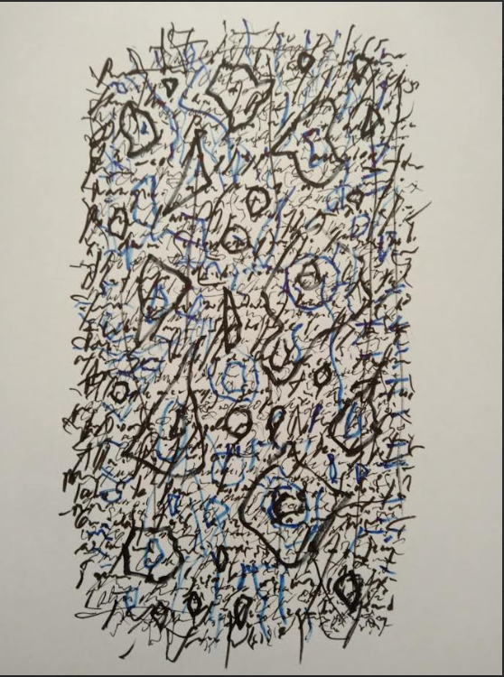 Unreadable script in black ink on gray paper with a variety of flourishes and light blue thin dashes and black scribbles in thicker ink.