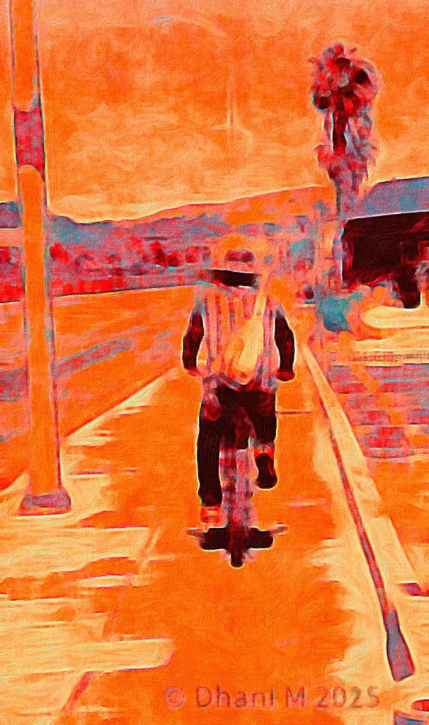 Red and orange surreal painting of a person with a hat and messenger bag riding a bike off towards a house and tree and mountains in a desert. 