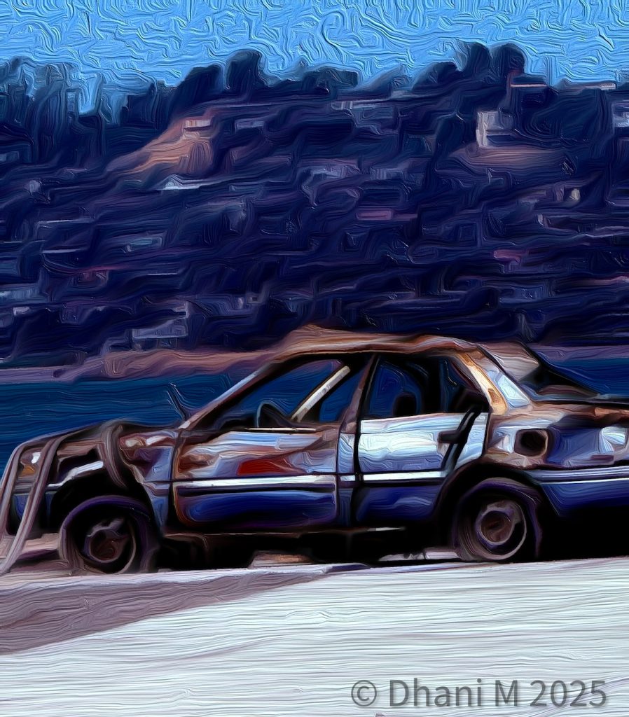 Blue image of a junky and rusted four door car in twilight. 