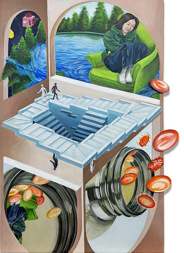 Surreal image of a woman resting alone on a green couch floating in a pool of water near trees, an optical illusion maze, and cherry tomatoes flying out of cans. 