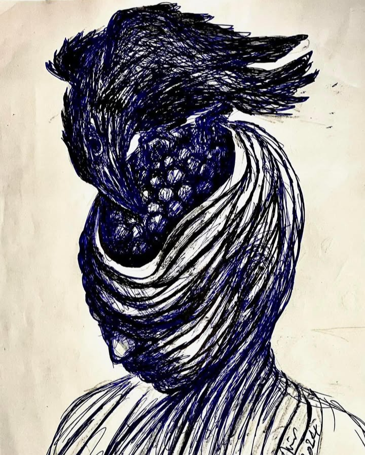 Black and light blue pen drawing of a black bird eating grapes out of a turbaned person's head.
