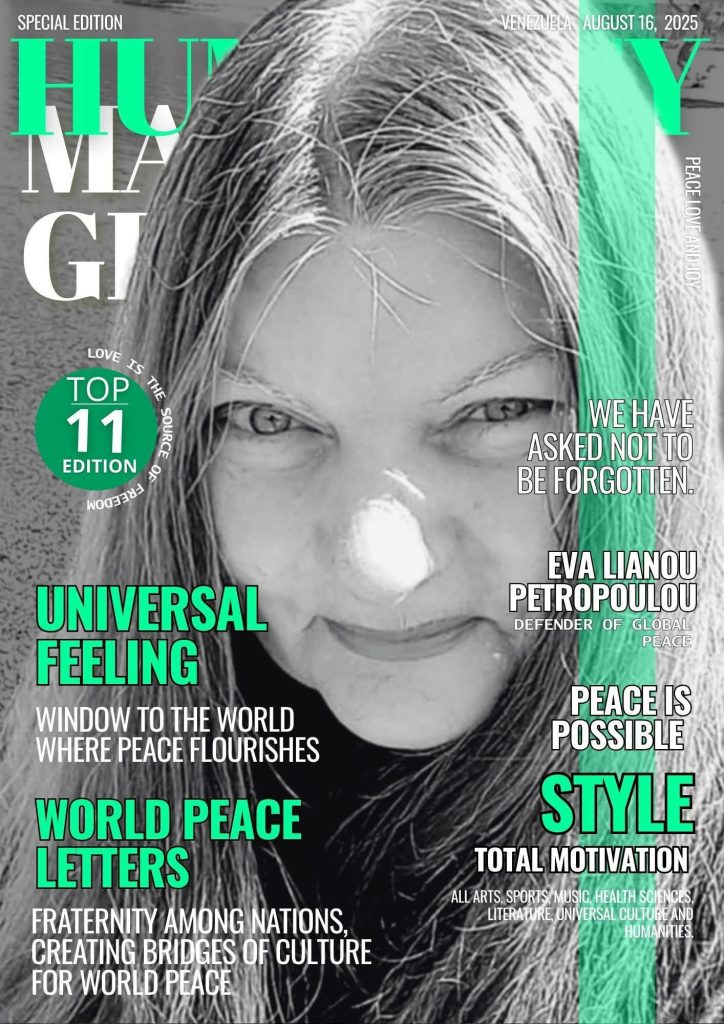 Image of a light skinned European woman, black and white photo, on a magazine cover with green and white text. 
