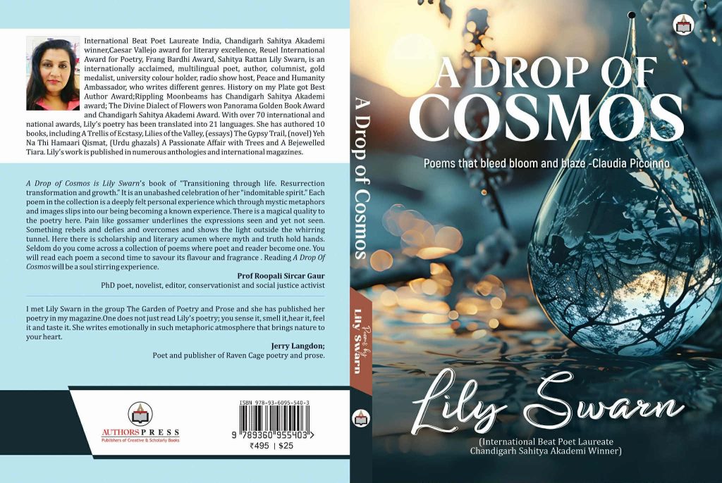 Book cover of Lily Swarn's new book. Large water droplet with barren black twigs and a pond behind it.